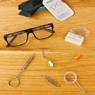 Kit para reparar gafas en estuche de metal