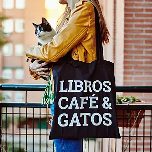 Tote bag Libros, café y gatos