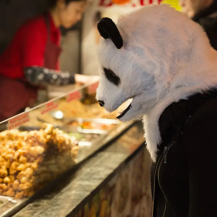 Con un mecanismo que permite abrir la boca del panda al hablar